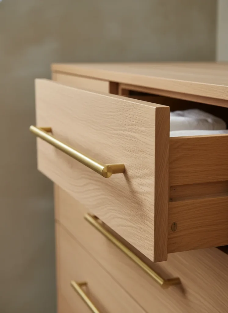 Close-up editorial shot of a dresser drawer being opened, showing a sleek solid brass bar pull hardware against a light warm wood drawer face. Adjacent drawer has matching hardware. Clean, simple, high-end look. Warm studio lighting. Behind the dresser is a warm greige wall. Interior design detail photography, macro lens.