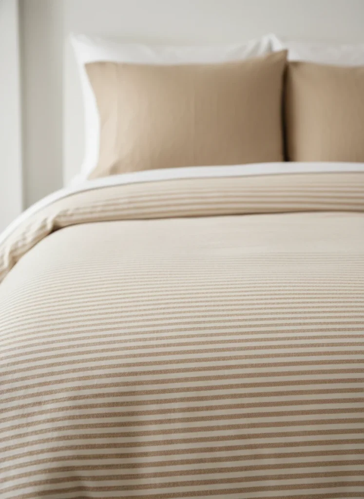 Close-up of a duvet cover on a made bed showing a subtle tone-on-tone woven stripe pattern in warm oat and cream. The pattern is quiet and textural rather than loud. Soft natural window light from the left. Simple linen pillowcases in a slightly warmer shade of the same color family. Editorial interior fabric photography, soft focus on duvet center, sharp on pattern detail.