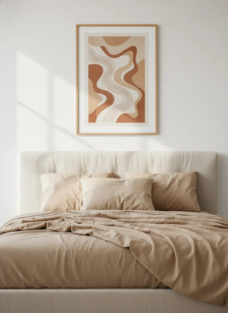 A bedroom wall above a low platform bed showing a single large framed art print centered above the headboard. The print is an abstract organic shape in warm sand and terracotta tones on a cream background. Simple thin natural wood frame. The art is approximately 24x30 inches. Warm linen bedding below. Clean, uncluttered wall on both sides of the print. Editorial interior photography, soft natural light.