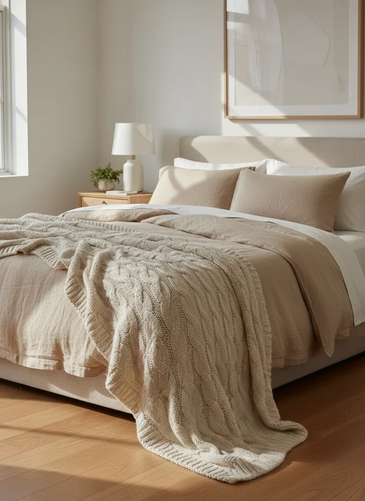 A neatly made bed with warm linen bedding. At the foot of the bed, a chunky cream-colored knit throw is casually folded and draped so one end cascades slightly over the edge. The throw has visible large knit stitches and a thick, substantial texture. Warm natural morning light. Bedroom is styled with simple, quiet luxury aesthetic. Editorial interior photography.