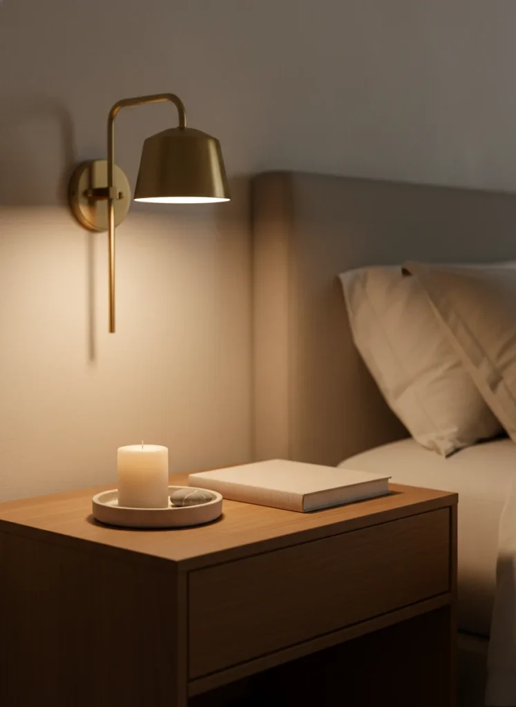  A styled nightstand in a quiet luxury bedroom. On the nightstand: a small round ceramic tray holding a white unscented pillar candle and a small smooth stone. A single closed book beside the tray. Nothing else. Clean negative space across the rest of the nightstand surface. Warm ambient light from a plug-in wall sconce above. Warm wood nightstand surface. Editorial interior photography, shallow depth of field.