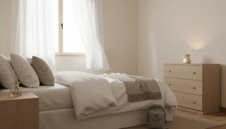 A softly lit small bedroom that smells and looks fresh and serene. White and linen-toned bedding neatly made, a small reed diffuser on the nightstand, morning light coming through a slightly open window with sheer curtains moving gently, an activated charcoal bag tucked near the base of the bed, a small electric wax warmer glowing softly on the dresser. Clean, calm, minimal clutter. Editorial interior photography, warm and inviting atmosphere.