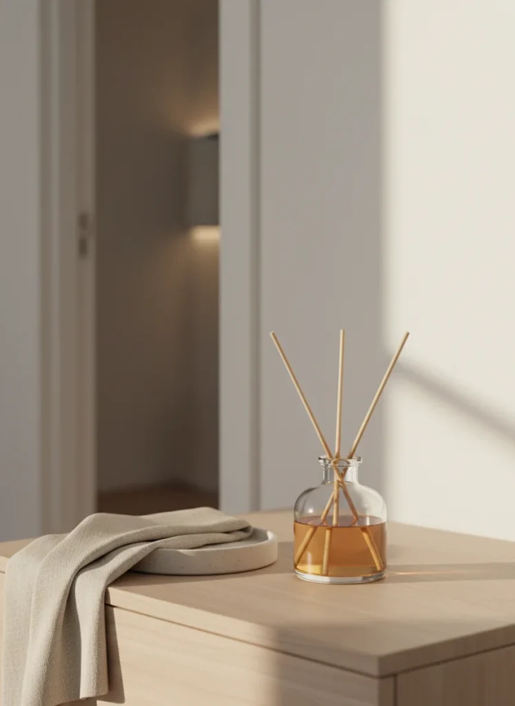 A small glass reed diffuser bottle with 4 natural rattan reeds fanned slightly, sitting on a wooden nightstand near the bedroom doorway. The bottle contains a soft amber-tinted oil. Around it: a small ceramic tray, a folded linen cloth, soft warm morning light. The setting is a small, cozy bedroom with white walls. Close-up editorial interior photography, calm and fresh-smelling atmosphere.