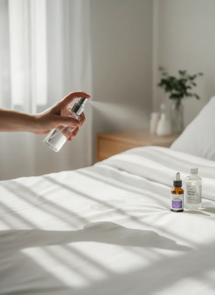 A hand holding a small glass spray bottle with a fine mist nozzle, lightly misting freshly made white linen bedding from about 12 inches away. Morning sunlight through sheer curtains. The bedding is smooth and clean, slightly damp from the mist. A small bottle of lavender essential oil and a bottle of witch hazel sit on the nightstand beside the bed. Close-up editorial interior photography, soft and fresh.