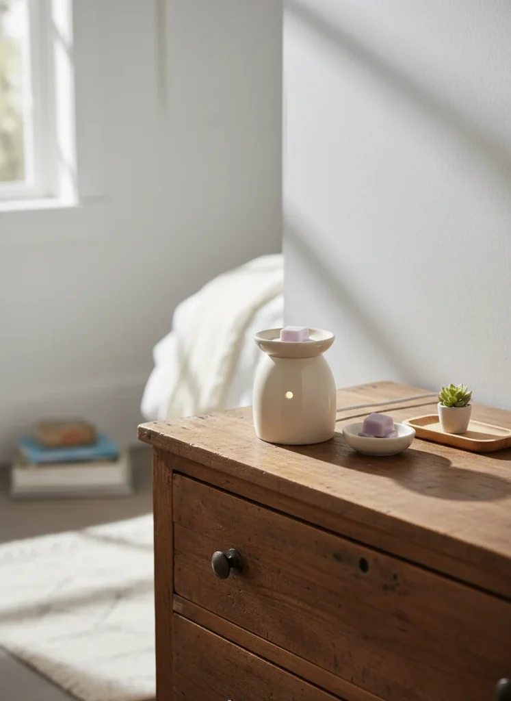 A small ceramic electric wax warmer glowing with a soft warm light on a bedroom dresser. A single pale lavender wax melt cube sits in the dish. The dresser is wooden, the walls are white, and the room is small and cozy. Beside the warmer: a small ceramic dish holding two unused wax melt cubes and a tiny wooden tray. Soft ambient light. Close-up editorial interior photography, warm and clean atmosphere.