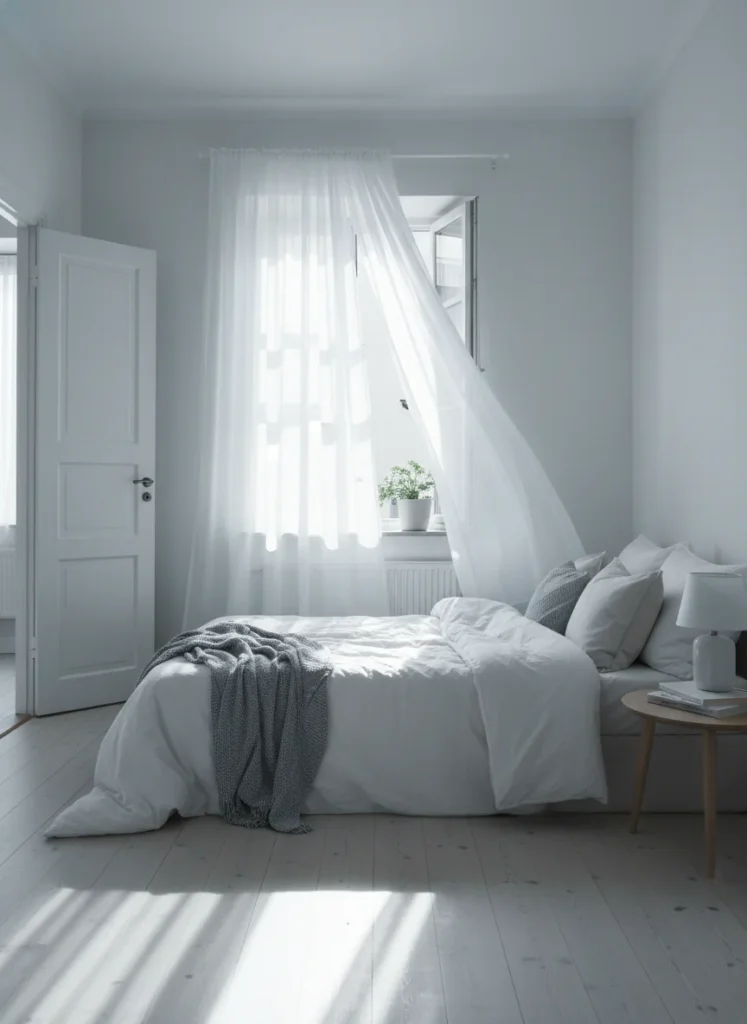A small bedroom with the window cracked open about three inches, sheer white curtains moving gently in the morning breeze. The bedroom door is also open, creating a clear cross-ventilation path through the room. The bed is unmade but the room is tidy. Morning sunlight streaming in. The atmosphere is fresh and airy. Wide editorial interior photography, calm and bright.