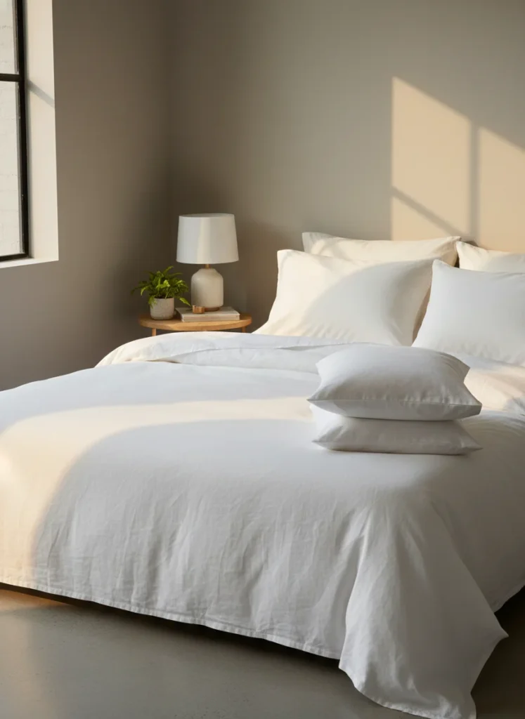 A small bedroom with a freshly made bed in clean white and soft linen bedding. The pillowcases are crisp and smooth. A folded stack of spare clean pillowcases sits on the corner of the bed. Sunlight through a window, warm and clean light. Minimal styling. Editorial interior photography, fresh laundry and clean linen atmosphere.