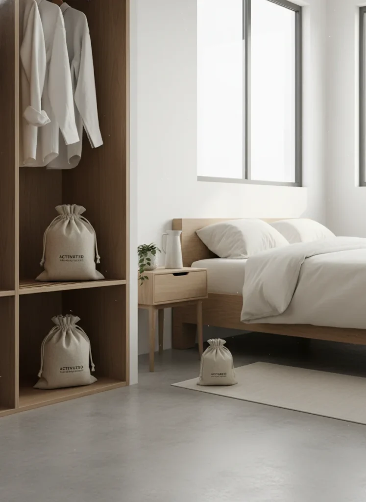Three small linen-wrapped activated charcoal bags of varying sizes placed in a small bedroom. One sits on a shelf inside an open closet. One is tucked under the bed near the bed frame. One sits beside the nightstand on the floor. The bags are natural beige linen with a simple drawstring. The bedroom is tidy and minimal. Soft light. Editorial interior photography, clean and natural odor-absorbing setup.