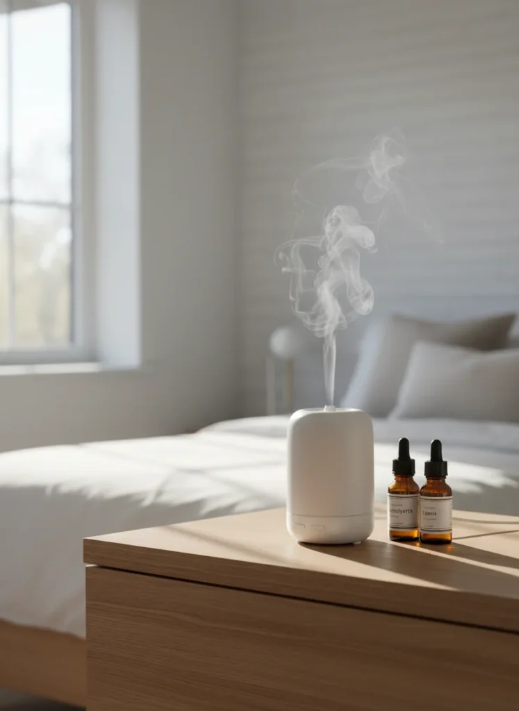 A small white ultrasonic essential oil diffuser on a wooden dresser in a compact bedroom, emitting a thin wisp of fine mist. Next to it: a small amber glass bottle of eucalyptus essential oil and a bottle of lemon essential oil. The bedroom is minimal and clean with white walls. Soft morning light. Close-up editorial interior photography, clean and fresh atmosphere.