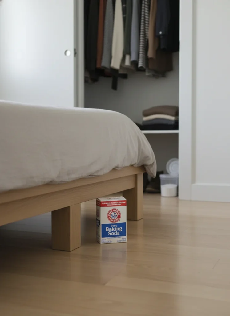  An open box of baking soda placed under a low platform bed in a small bedroom, positioned between the bed frame legs where air barely circulates. The floor is light wood. The room is tidy and minimal. A second small open container of baking soda sits on a low closet shelf behind hanging clothes. Simple and practical. Close-up editorial interior photography, clean and resourceful.