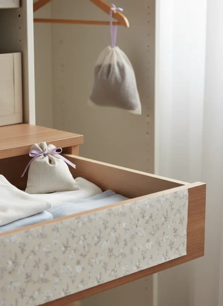  An open bedroom dresser drawer lined with a pale floral scented drawer liner paper. A small lavender sachet in a soft linen pouch with a ribbon tie sits in the corner of the drawer beside folded clothing. Another small sachet hangs inside an open closet from a wooden hanger. Dried lavender buds visible through the sheer fabric of the sachet. Close-up editorial interior photography, soft and fragrant atmosphere.