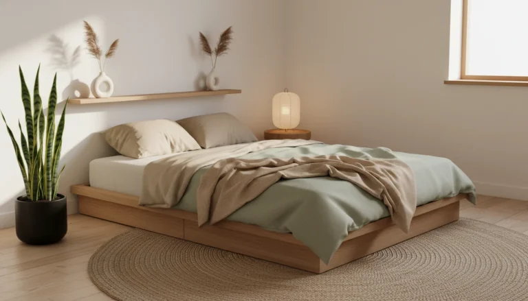 A small japandi bedroom with a low natural oak platform bed, warm white walls, linen bedding in warm oat and sage tones, a single ceramic vase with dried grasses on a floating shelf, a shoji-style paper lantern lamp beside the bed, a jute area rug on light wood flooring, one large snake plant in a matte black ceramic pot. Calm, warm, deeply restful atmosphere. Editorial interior photography, natural morning light.