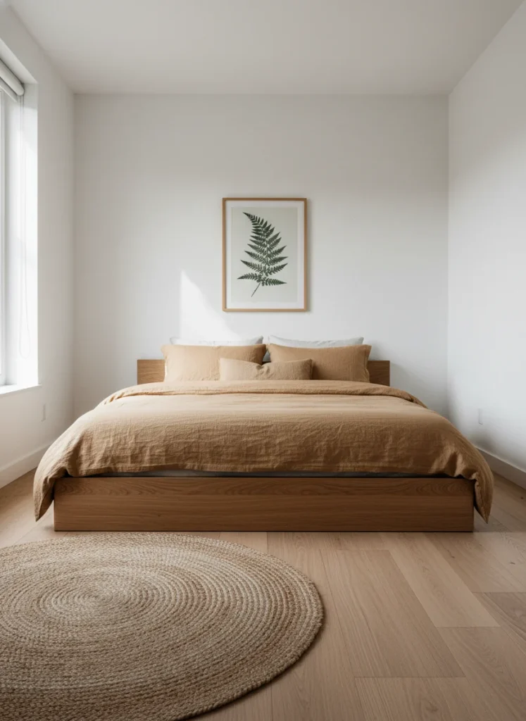 A small japandi bedroom centered around a very low natural oak platform bed frame, almost floor-level. The bed is made with warm oat linen bedding. Above the bed is visible wall space with a single framed botanical print. The low profile makes the ceiling feel significantly higher. Wood floor with a simple jute rug. Calm, editorial interior photography with natural light.