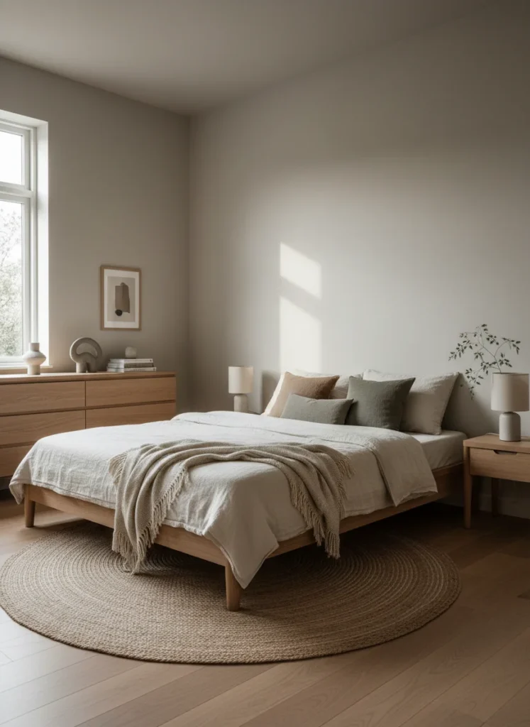 A small bedroom with warm white walls that have a slight earthy, greige undertone, not stark bright white. The warmth of the wall color makes the natural oak furniture and linen bedding look deeply harmonious. Soft natural light from a window. Clean, calm, japandi atmosphere. Editorial interior photography, wide room shot.