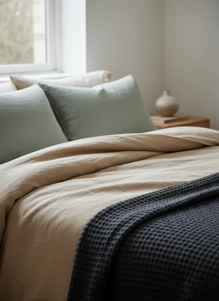 Close-up of japandi bedroom bedding: a warm oat linen duvet cover with natural wrinkled texture, sage green linen pillowcases, and a charcoal waffle-knit throw folded at the foot of the bed. All in the same earth-tone family, different textures. Natural morning light. Editorial interior photography, macro shot of fabric texture and color.