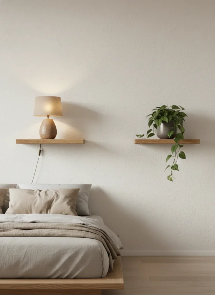  Two small natural wood floating shelves mounted symmetrically on either side of a low japandi platform bed, serving as bedside shelves. Each shelf holds only a small object: a warm-toned ceramic lamp on one side, a single plant in a matte pot on the other. Clean wall space below and above each shelf. Minimal, intentional, space-efficient. Editorial interior photography.