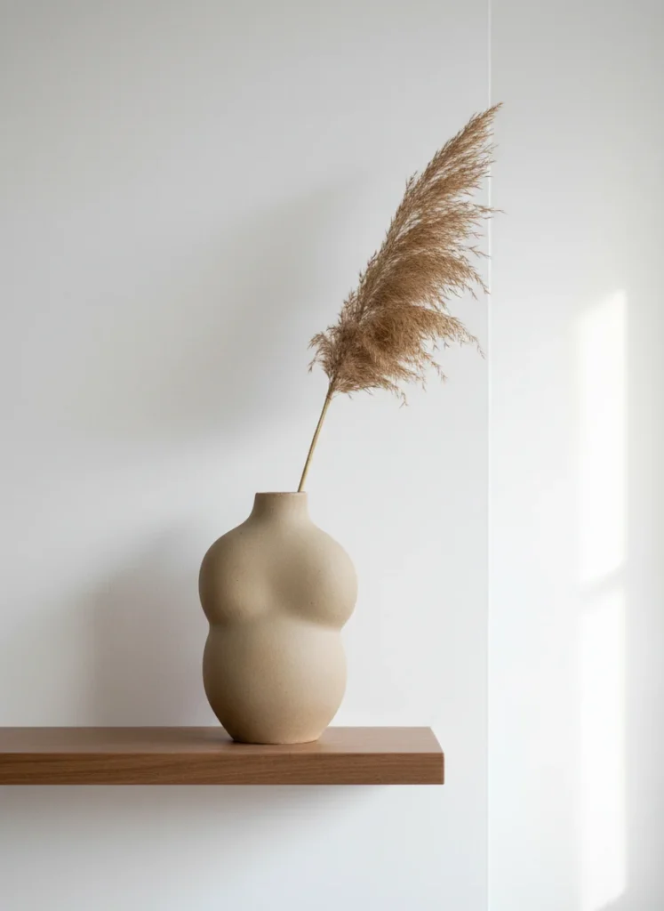  A single large handmade-style ceramic vase in a warm matte greige glaze with a slightly irregular organic shape sitting on a floating shelf in a japandi bedroom. Inside the vase is a single dried grass stem. The imperfect form of the ceramic reads as deliberate and beautiful. Clean white wall behind it. Natural light. Editorial interior photography, close detail shot.