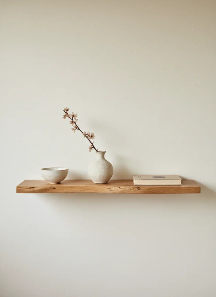A single natural live-edge or solid wood floating shelf on a warm white wall in a small japandi bedroom. The shelf holds only three objects: a small ceramic bowl, a short ceramic vase with a dried branch, and a paperback book lying flat. Visible negative space on either side of the objects. Clean wall visible above and below. Editorial interior photography.