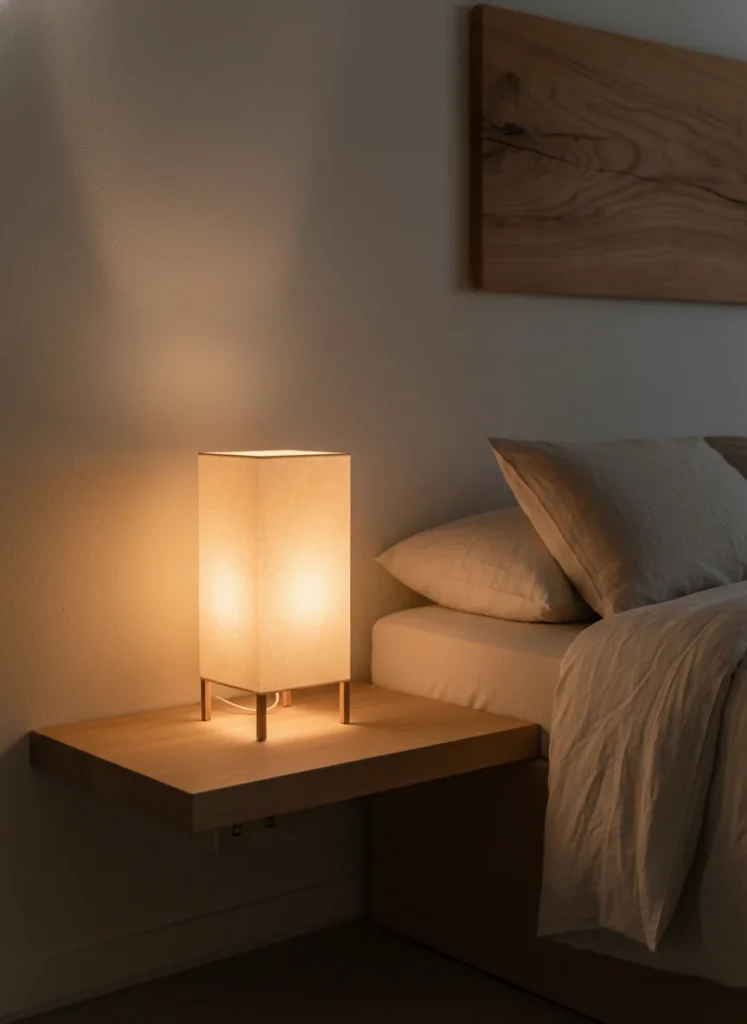 A shoji-style table lamp with a square white paper shade on a low floating bedside shelf in a small japandi bedroom. The lamp is turned on, casting a warm diffused amber glow through the paper shade. The light is soft and even, like candlelight through rice paper. Natural wood shelf, linen bedding visible. Calm atmosphere. Editorial interior photography, evening light.