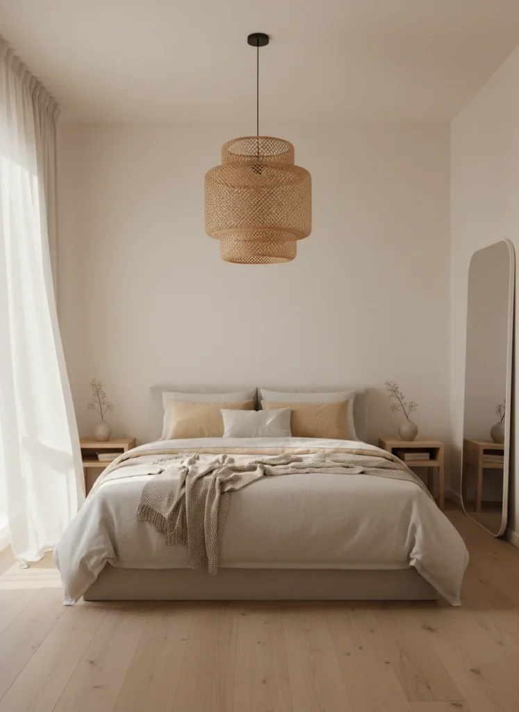  A small japandi bedroom with a single rattan pendant lamp hanging from the ceiling above the bed area. The rest of the room is in warm white, linen, and natural wood. The rattan pendant is the only woven natural element in the room. It adds warmth and texture without competing with the japandi calm. Natural morning light. Editorial interior photography.