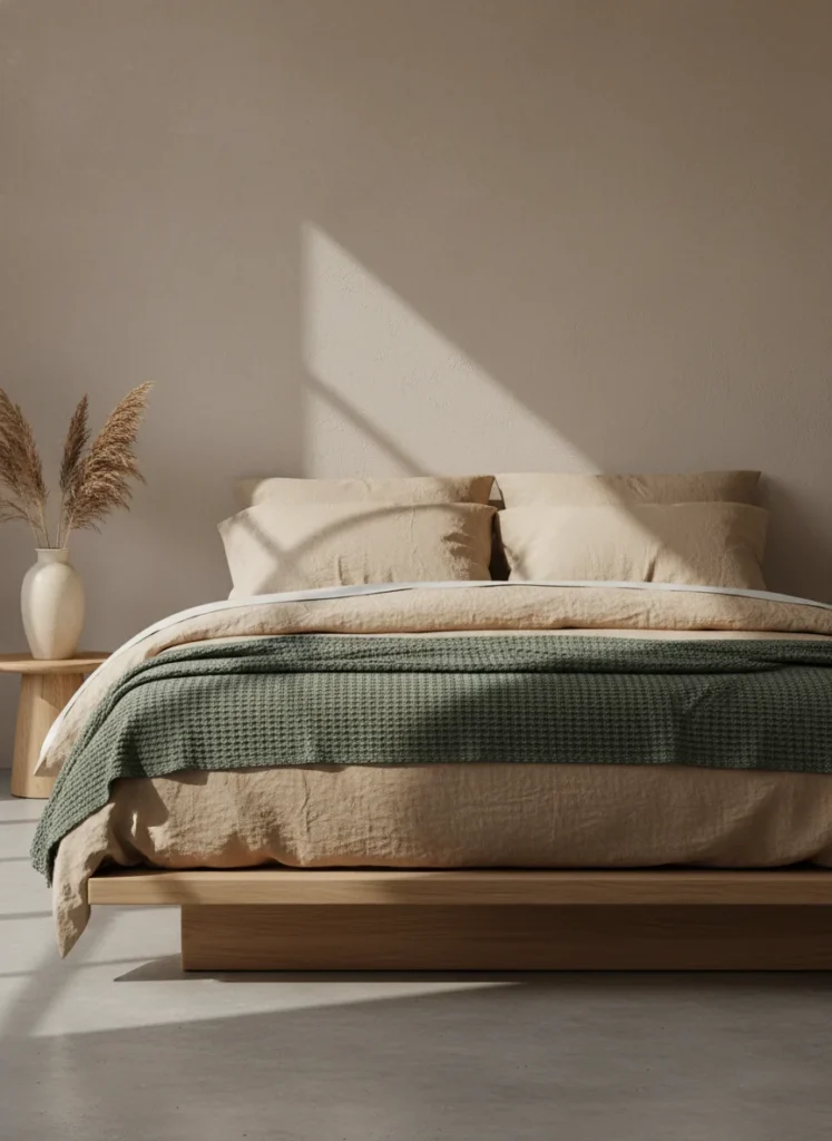 A low japandi platform bed with linen bedding in warm oat, a muted sage green waffle-knit throw blanket folded neatly in thirds and placed horizontally at the foot of the bed. The sage is neither warm nor cool, deeply grounded and calm. Natural morning light. No other color in the frame. Editorial interior photography, full bed shot.