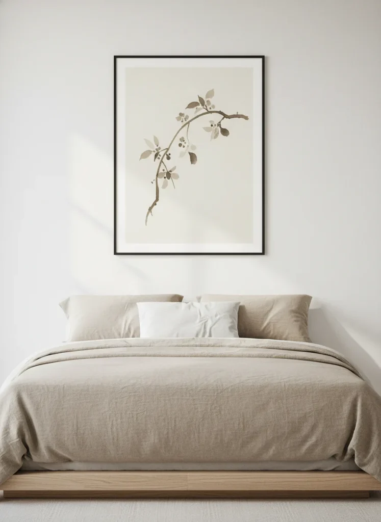 A single large framed print hanging centered on the wall above a low japandi bed. The print is a soft ink-wash botanical illustration of a single branch with minimal detail on a cream background. Simple thin black frame. The rest of the wall is completely bare. The print is the only art in the room and it reads as completely deliberate. Editorial interior photography.