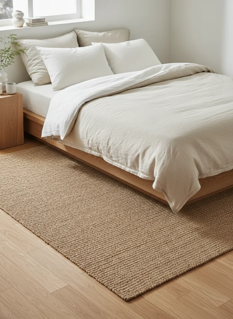 A natural jute area rug on light wood flooring under and around a low japandi platform bed. The rug has a tight flat weave texture visible in the natural fiber. Its warm beige-brown tone coordinates with the oak bed frame and linen bedding. The rug extends 18-24 inches on both sides of the bed and 12 inches at the foot. Properly sized for the space. Editorial interior photography.