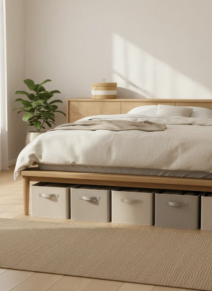  Under a low japandi platform bed, neutral linen fabric storage bins are neatly lined up and barely visible. On top of a dresser, a single lidded woven basket sits closed. No visible clutter anywhere in the room. The storage looks like part of the design rather than a solution to a mess problem. Editorial interior photography, wide bedroom shot.