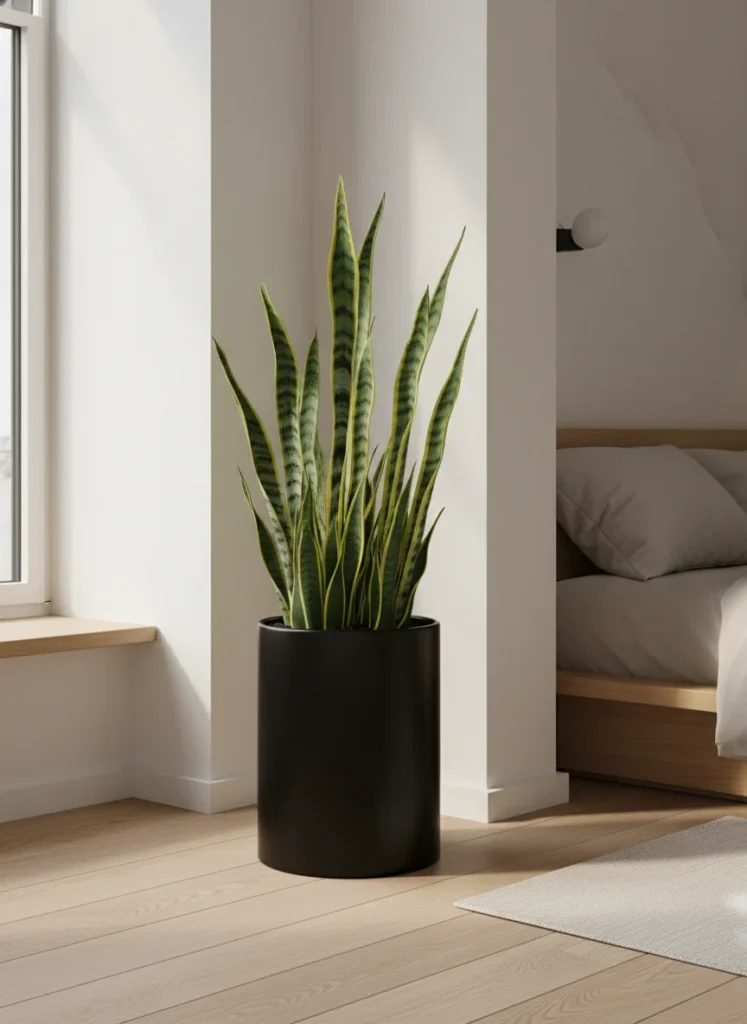 A single large snake plant in a tall matte black ceramic pot on the floor in the corner of a small japandi bedroom. The vertical lines of the plant's leaves echo the clean lines of the room. Nothing else is on the floor in that corner. The plant reads as architectural and intentional. Warm natural light from a window. Editorial interior photography.