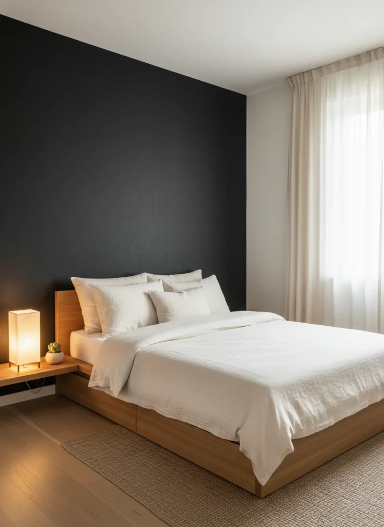 A small japandi bedroom with one wall painted or covered in deep charcoal, a warm almost-black tone. The low oak platform bed is placed against this wall. Warm oat linen bedding reads as dramatically lighter against the dark wall. A single shoji lamp on the floating shelf provides warm light. The dark wall makes the room feel more intimate and sophisticated, not smaller. Editorial interior photography.