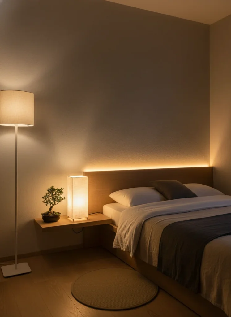 A small japandi bedroom at evening time lit entirely by warm ambient sources: a shoji table lamp on the floating shelf, a floor lamp with a simple linen shade in the corner, warm LED strip light behind the bed headboard casting a soft backlight. No overhead light on. The room glows warmly and evenly. Calm, intimate, beautiful. Editorial interior photography, low light evening atmosphere.