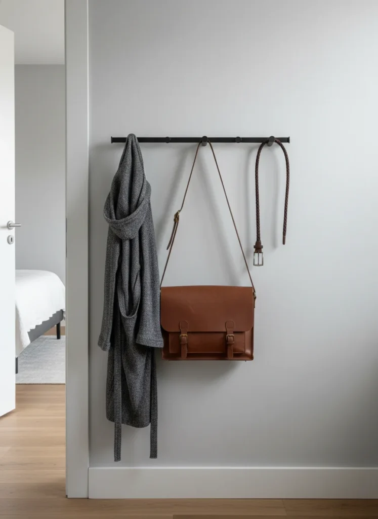  A small solid wood or black metal wall-mounted hook rail with three or four evenly spaced hooks mounted on the wall near the bedroom door. A linen robe hangs on one hook, a bag on another, a belt on a third. The floor below is completely clear. The hooks look like part of the design, not a storage solution. Simple, functional, intentional. Editorial interior photography.