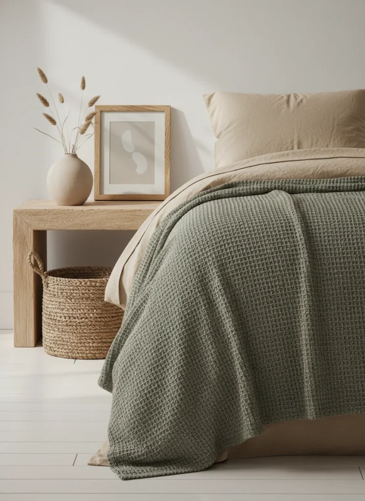 A styled japandi bedroom vignette showing textural contrast without color contrast: a linen duvet in warm oat, a waffle-knit throw in muted sage, a matte ceramic vase, a wooden picture frame, and a jute basket. All objects are in the same neutral earth-tone family but each surface texture is completely different: smooth, woven, matte clay, rough grain, tight weave. Editorial interior photography, close detail shot.