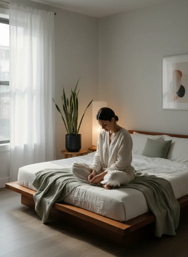 A person sitting on the edge of a low japandi platform bed in a small calm bedroom at early morning. The room is lit by soft natural light and a single warm lamp. Linen bedding, a sage throw blanket, a single plant in a matte pot. The person is at rest, unhurried. The room feels like a pause in the day. Quiet, warm, deeply personal. Editorial lifestyle interior photography, natural light.
