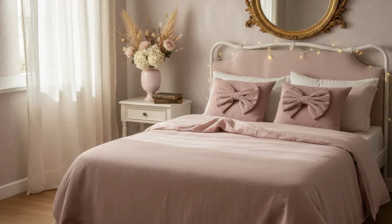 A small dreamy coquette bedroom with blush pink linen bedding, sheer ivory curtains letting in soft morning light, a round ornate gold mirror above the headboard, bow-detail throw pillows in dusty rose, dried floral arrangement in a pastel vase on the nightstand, fairy lights draped around the bed frame. Warm, romantic, feminine atmosphere. Editorial interior photography, natural light.