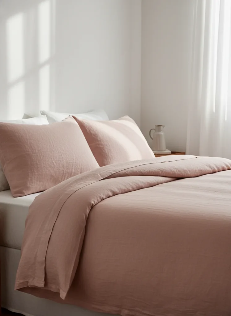 A small bedroom bed made up with blush pink linen bedding in a warm dusty rose shade. Natural wrinkled linen texture visible on the duvet cover and pillowcases. Soft afternoon light through sheer curtains. Simple white walls. The bed is the clear focal point of the room. Editorial interior photography, close-up of fabric texture showing the natural linen weave.