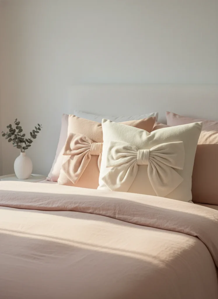  Two bow-detail throw pillows on a made bed against blush pink bedding. The pillows are in soft ivory and pale pink with fabric bow embellishments at the center. Delicate, feminine, romantic. Small bedroom setting with simple white walls and warm afternoon light. Editorial interior photography, styled bed detail shot.