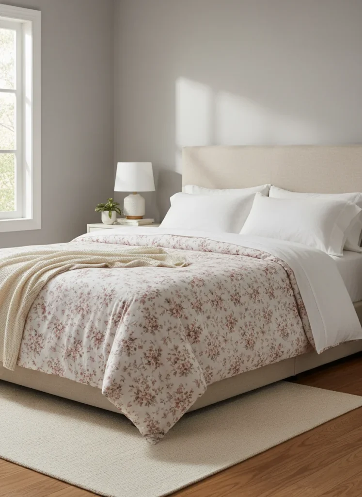  A bed styled with a romantic small-scale floral duvet cover in soft blush and ivory tones. Delicate floral pattern visible across the duvet with small scattered blooms. White linen pillowcases. Simple bedroom with warm light. The floral pattern reads as romantic and feminine without being overwhelming. Editorial interior photography, wide shot of the full bed.
