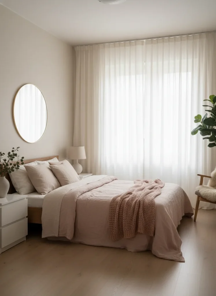 A small bedroom with floor-to-ceiling sheer ivory curtains hung directly from the ceiling, letting soft diffused morning light filter through. The curtains pool slightly on the floor. Blush pink bedding visible on the bed. The curtains make the room feel airy and significantly taller. Romantic, dreamy atmosphere. Editorial interior photography, wide shot.