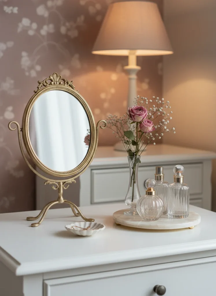 A small ornate oval mirror with a thin gold vintage-style frame sitting on a white dresser top. A small tray with perfume bottles and a bud vase with dried pink flowers beside it. Warm lamp light in the background. The dresser surface is styled with feminine but minimal objects. Coquette bedroom aesthetic. Editorial interior photography, styled vignette shot.