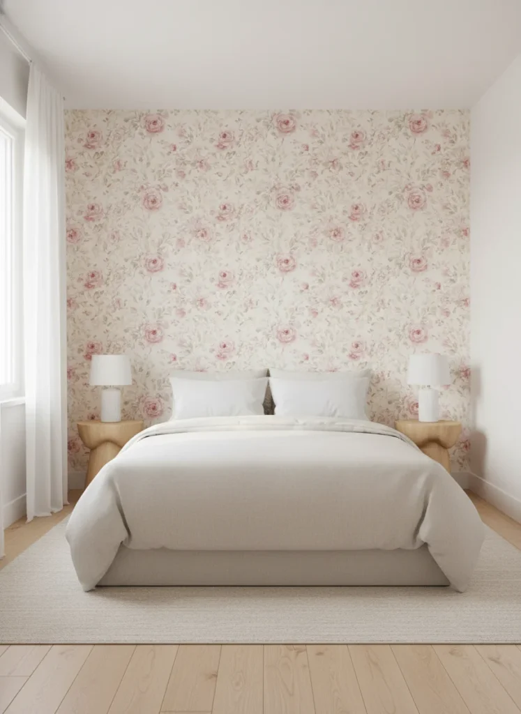 A small bedroom accent wall covered in removable peel-and-stick floral wallpaper with a soft watercolor rose and botanical print in blush pink, dusty rose, and sage green on a cream background. The bed is placed against this wall. The rest of the walls are plain white. The wallpaper wall makes the room feel designed rather than decorated. Editorial interior photography.