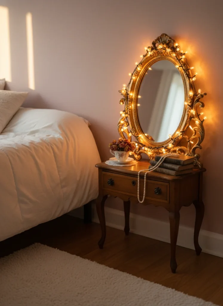 Warm fairy lights draped carefully around a vintage oval mirror on a small bedroom dresser, creating a warm amber glow in the background. Not hung above the window or strung randomly across the wall, but precisely draped around the mirror frame as a deliberate decorative frame. Cozy, romantic, coquette bedroom atmosphere. Soft evening light. Editorial interior photography.