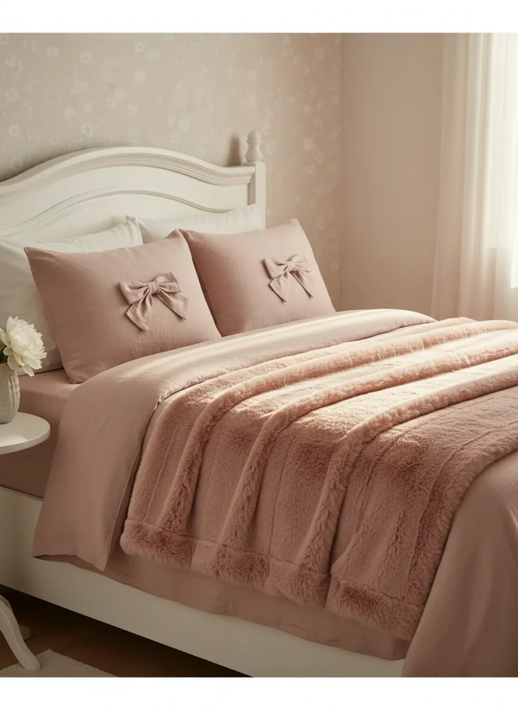 A neatly made coquette bedroom bed with a soft blush pink faux fur throw blanket folded crisply at the foot of the bed. Blush linen duvet underneath. Bow-detail pillows at the headboard. The throw adds visible texture and luxurious softness to the bed styling. Warm morning light. Editorial interior photography, full bed view.