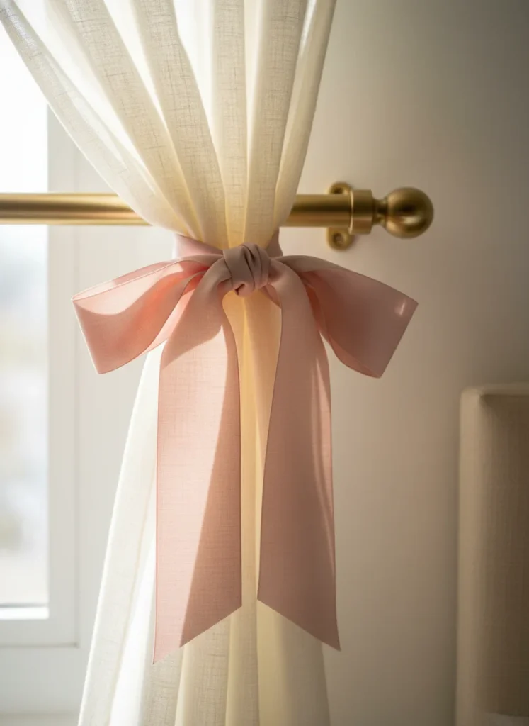 Close-up editorial shot of a small bedroom curtain rod with a soft satin ribbon tied in a loose bow where the sheer curtain meets the rod. Blush pink ribbon on ivory sheer curtain. Warm natural light behind the curtain. Small but deliberate feminine detail. Coquette bedroom aesthetic. Macro photography showing the ribbon texture and bow shape.