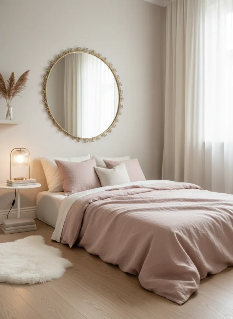  A large round mirror with a delicate ornate gold frame mounted above a bed as a headboard alternative in a small coquette bedroom. The mirror reflects the room's blush and ivory tones and soft lamplight. Below it is a low bed with blush linen bedding. The mirror creates visual height and doubles as decor. Editorial interior photography, wide room shot.
