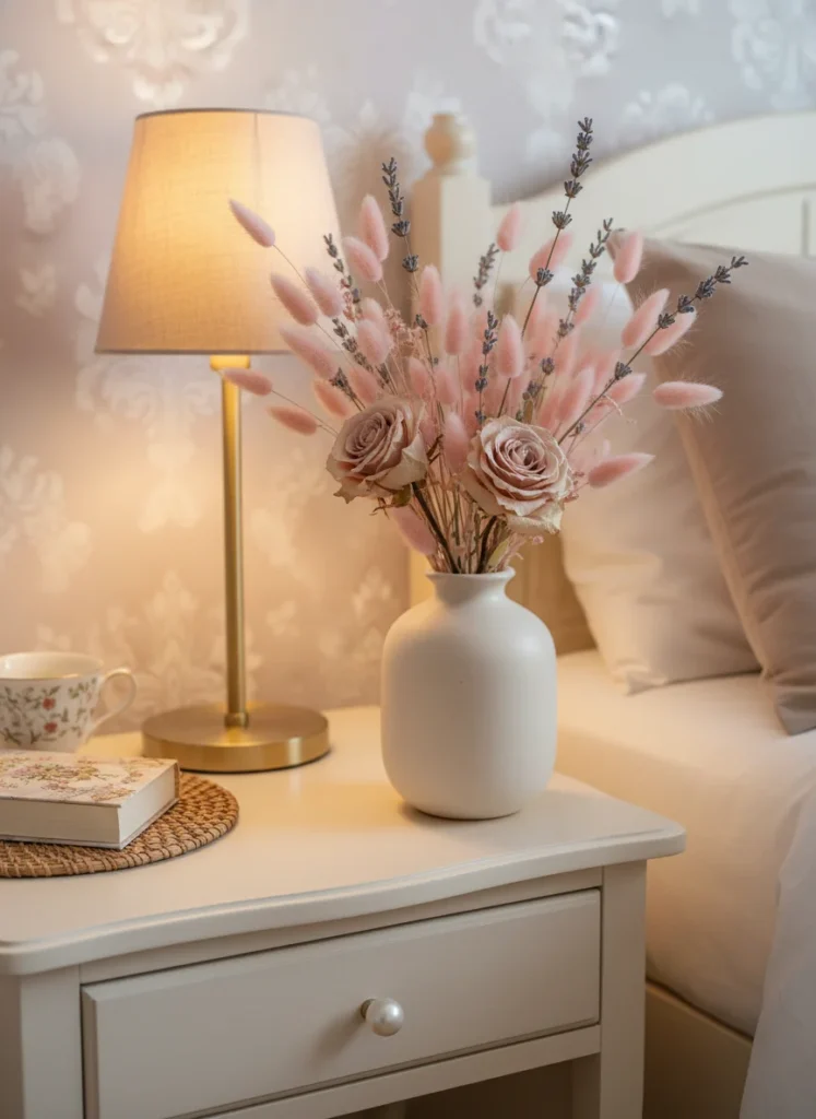  A small coquette bedroom nightstand with a ceramic vase holding a dried floral arrangement: soft pink bunny tail grass, dried pale pink roses, and dried lavender. Warm lamp light beside it. The arrangement is delicate and romantic without being loud. Pastel and neutral tones. Editorial interior photography, nightstand vignette close-up.