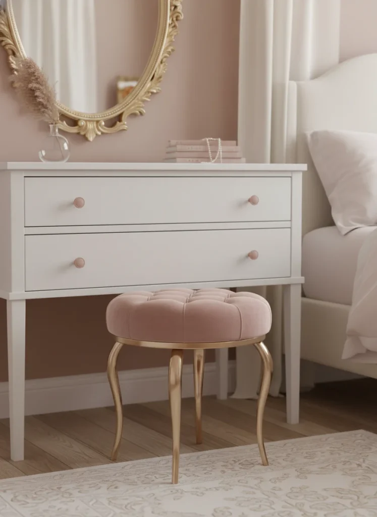 A small tufted vanity stool in dusty pink velvet with curved gold legs placed in front of a white dresser in a small coquette bedroom. The stool is compact enough to tuck under the dresser when not in use. Romantic, feminine, boudoir-style furniture detail. Warm room with blush and ivory tones. Editorial interior photography, mid-range shot.