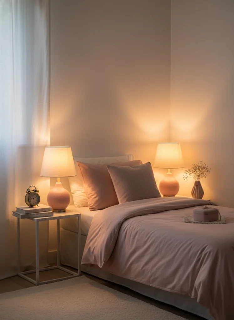 A pair of matching small table lamps with soft pink ceramic bases and ivory fabric drum shades on either side of a small bedroom bed. The lamps cast warm amber light that fills the room with a soft romantic glow. Blush bedding on the bed. White walls. The lamp light is the primary light source in the room. Coquette bedroom atmosphere. Editorial interior photography.