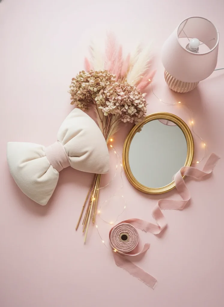 A styled flat lay of coquette bedroom decor items on a blush pink surface: bow throw pillow, dried pink floral bundle, gold oval mirror, satin ribbon spool, warm white fairy lights, small ceramic blush lamp. All items are soft pink, ivory, and gold toned. Clean editorial product photography on a light pink background.