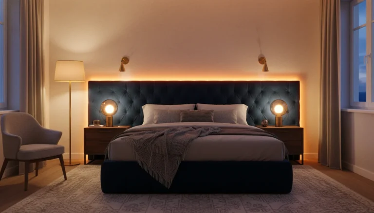 A beautifully lit small bedroom at evening showing multiple layered light sources: warm sconce lights on the wall beside the bed, a floor lamp glowing in the corner, warm LED strip light along the headboard, soft bedside table lamps. No overhead light visible. The room feels warm, deep, spacious and intimate simultaneously. The corners are all illuminated. Editorial interior photography, evening atmosphere.